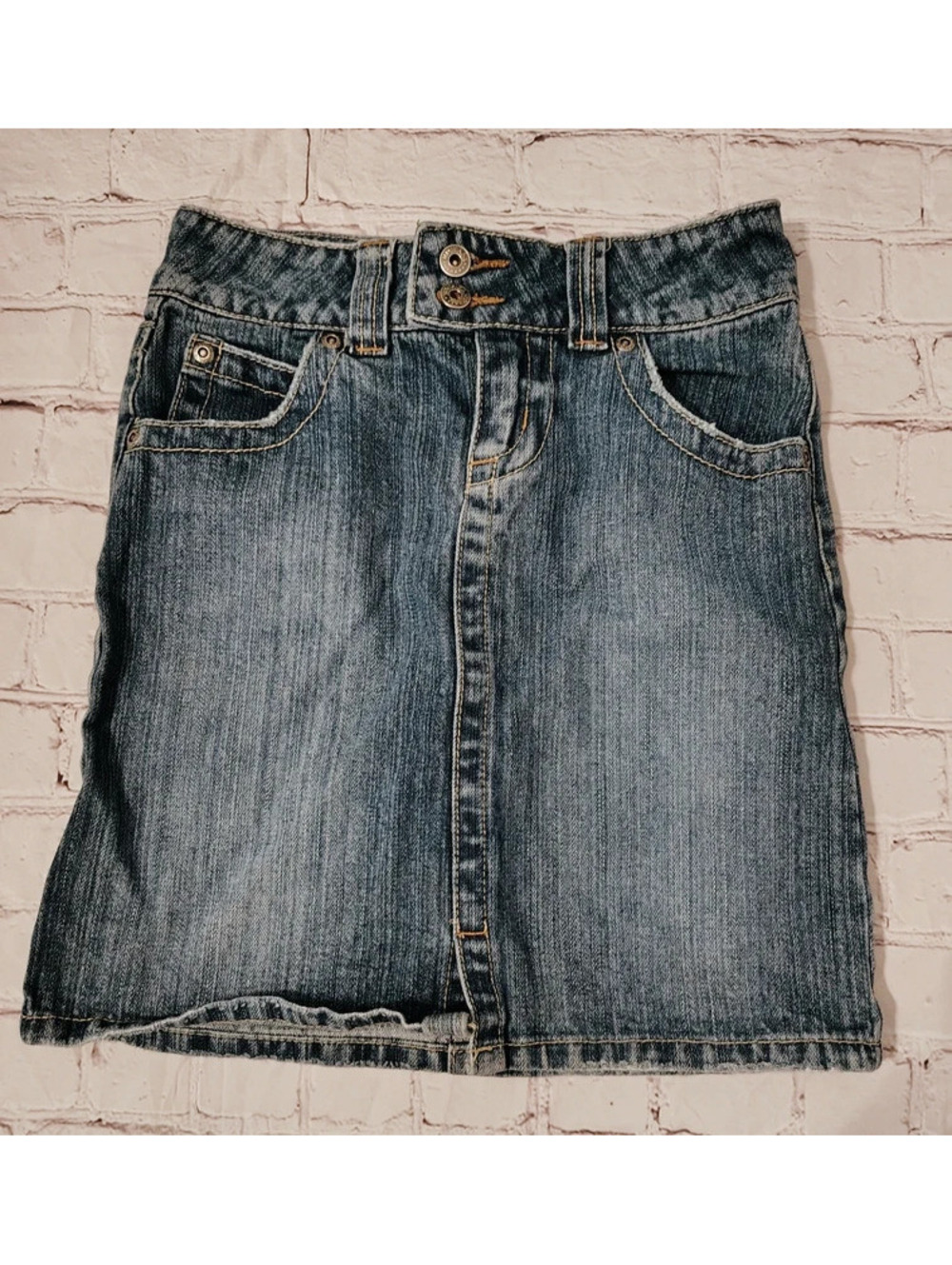 YMI Girls Denim Skirt Size 8 Blue Jean Y2K Button Flap Pocket Distressed